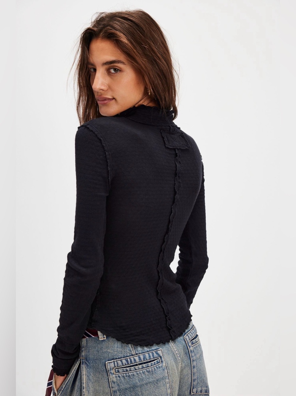 Free People We The Free Sara Pointelle Black Mock Turtleneck Top M NWOT